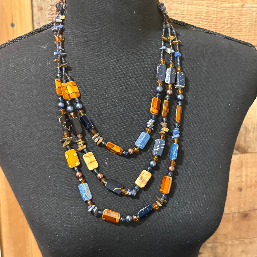 Vintage Artisan Triple Strand Beaded Necklace Warm Brown Blue Boho